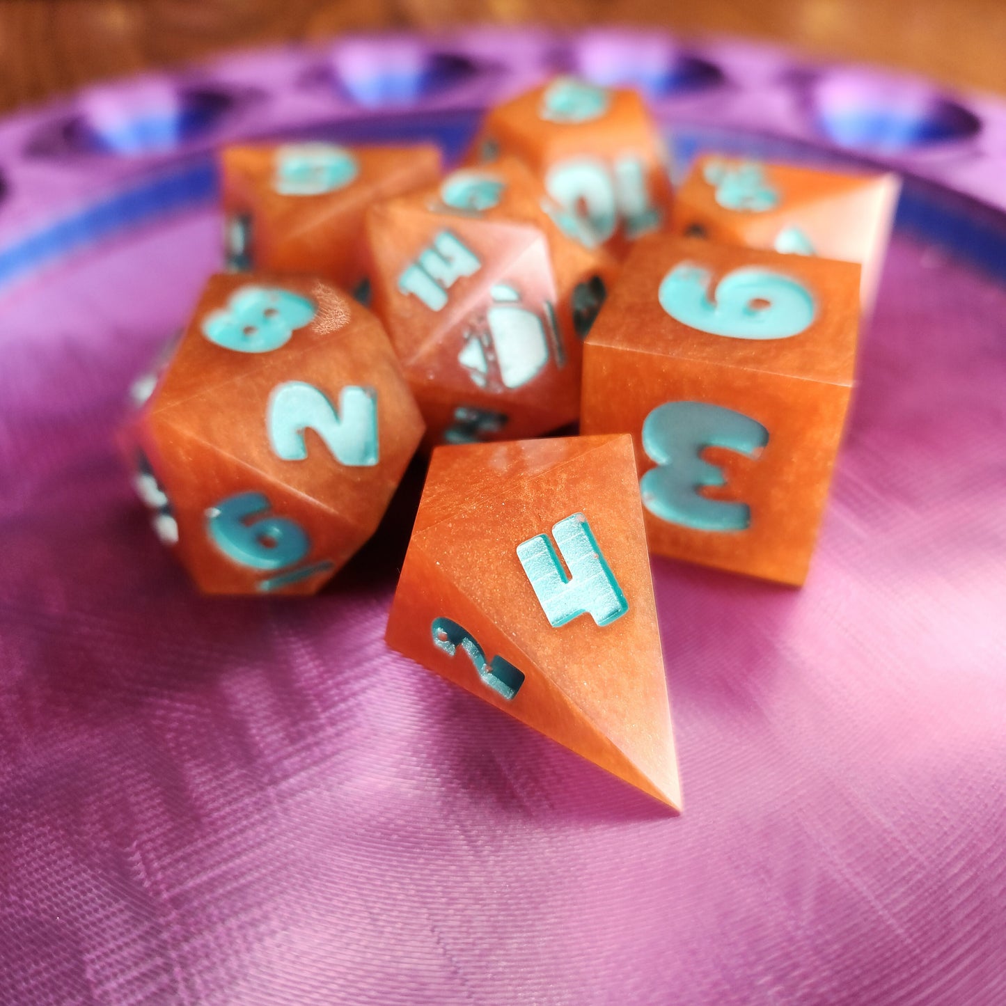 Pumpkin Pie - Handmade Shiny Orange D&D Dice Set with Mint Numbers