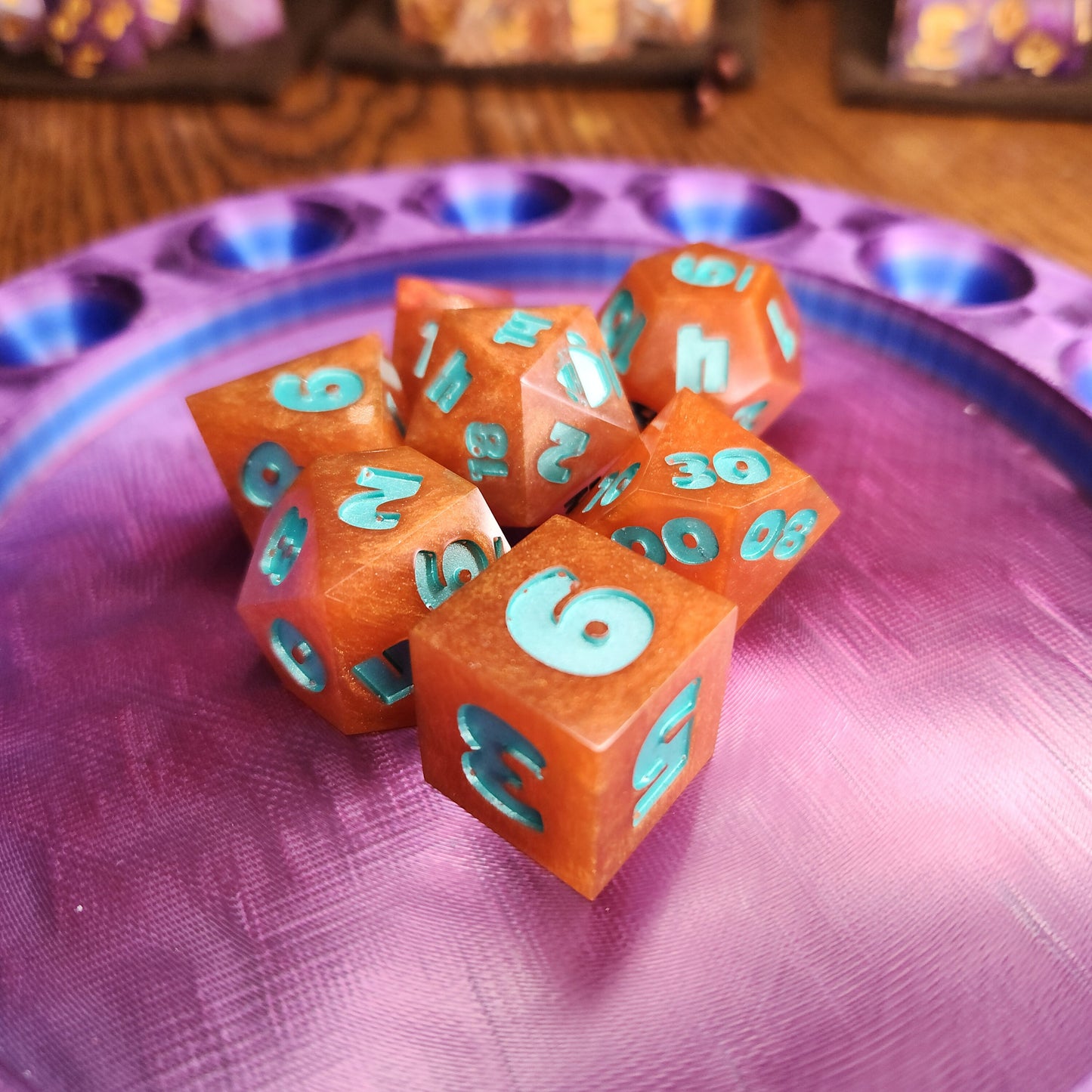 Pumpkin Pie - Handmade Shiny Orange D&D Dice Set with Mint Numbers