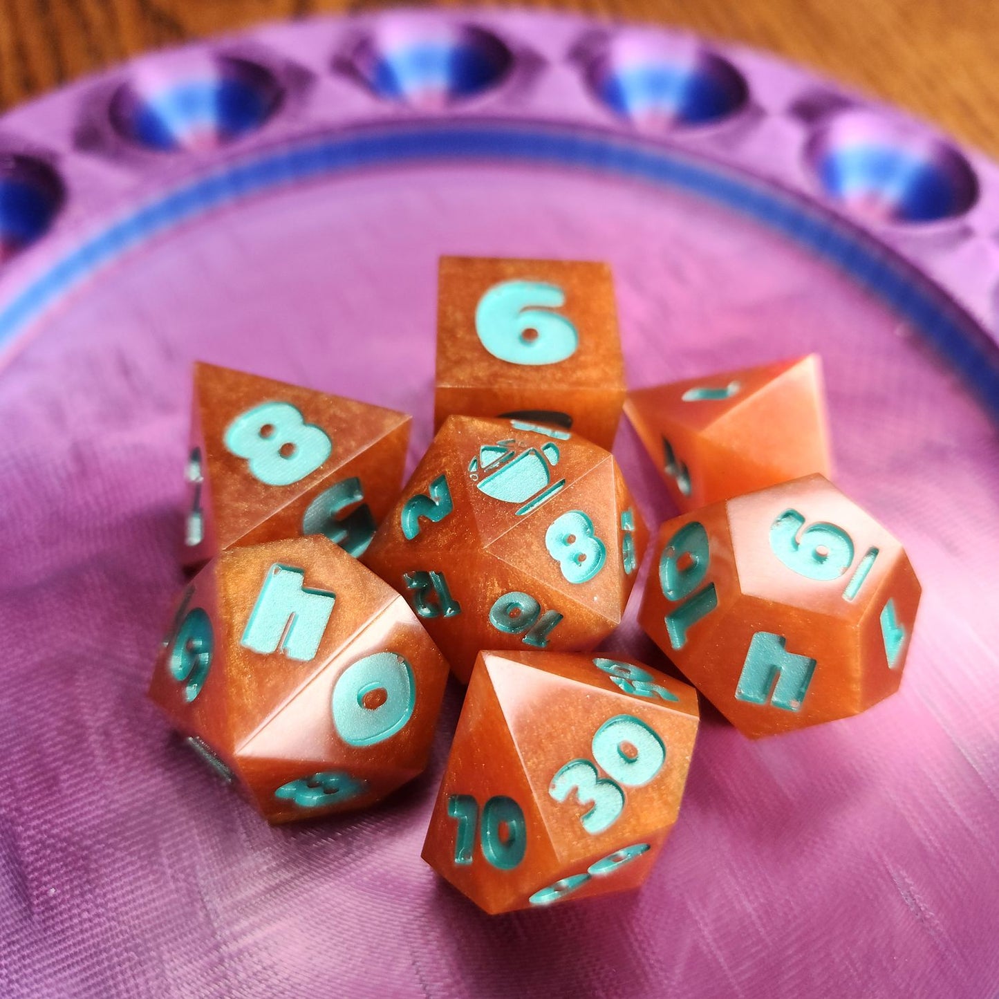 Pumpkin Pie - Handmade Shiny Orange D&D Dice Set with Mint Numbers