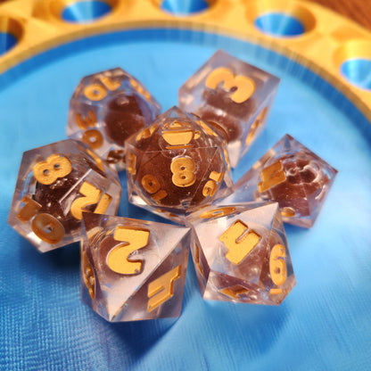 Espresso Shot - B Grade Liquid Core D&D Dice Set - Handmade Oversized 25mm Brown and Gold Polyhedral Dice for Tabletop RPGs