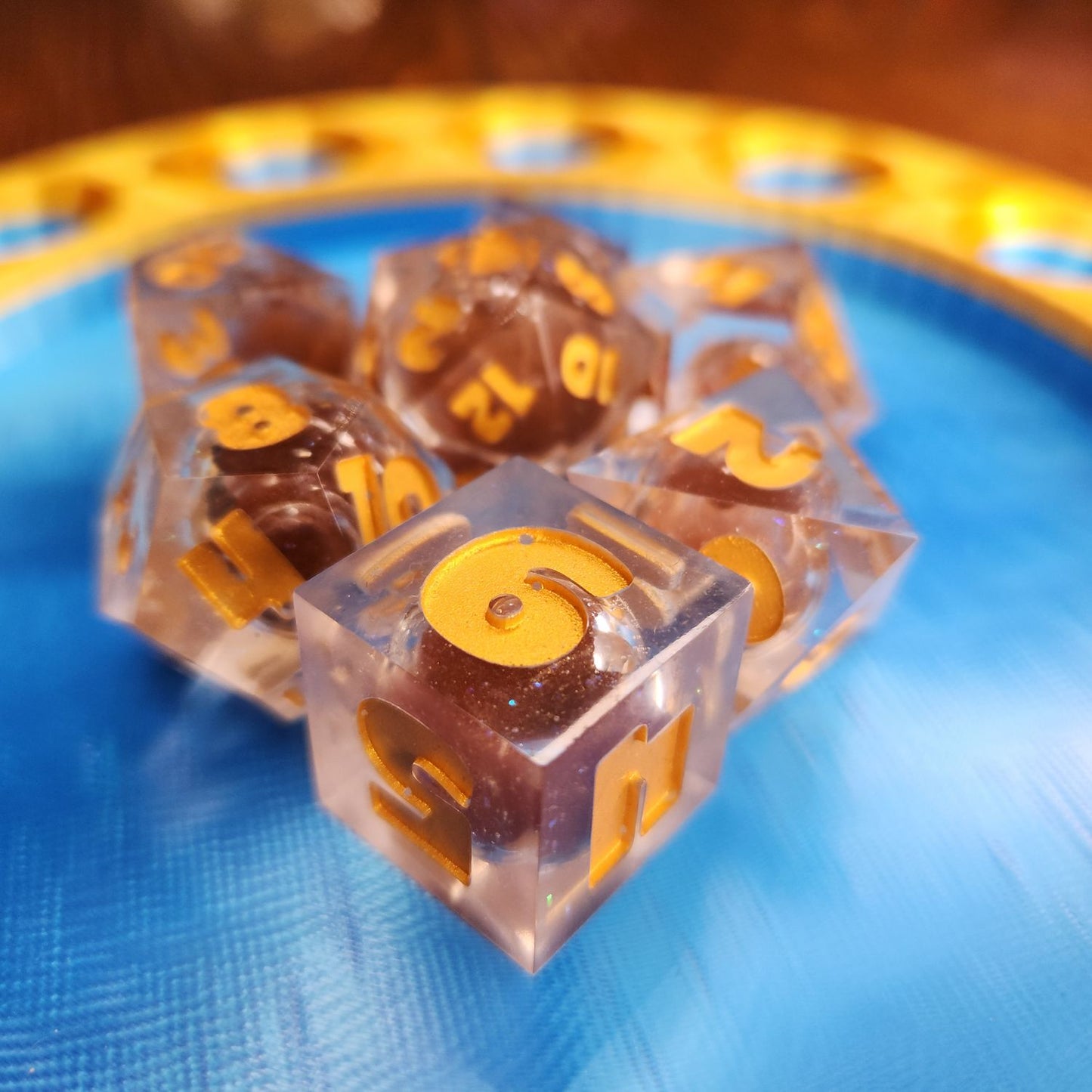 Espresso Shot - B Grade Liquid Core D&D Dice Set - Handmade Oversized 25mm Brown and Gold Polyhedral Dice for Tabletop RPGs