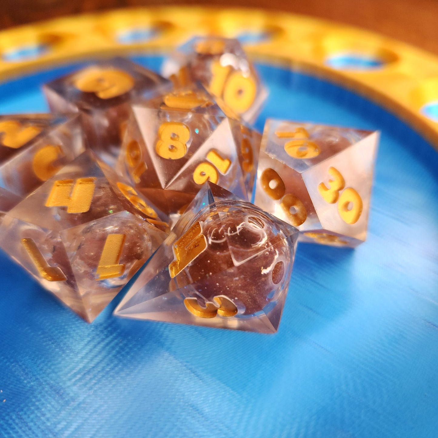 Espresso Shot - B Grade Liquid Core D&D Dice Set - Handmade Oversized 25mm Brown and Gold Polyhedral Dice for Tabletop RPGs