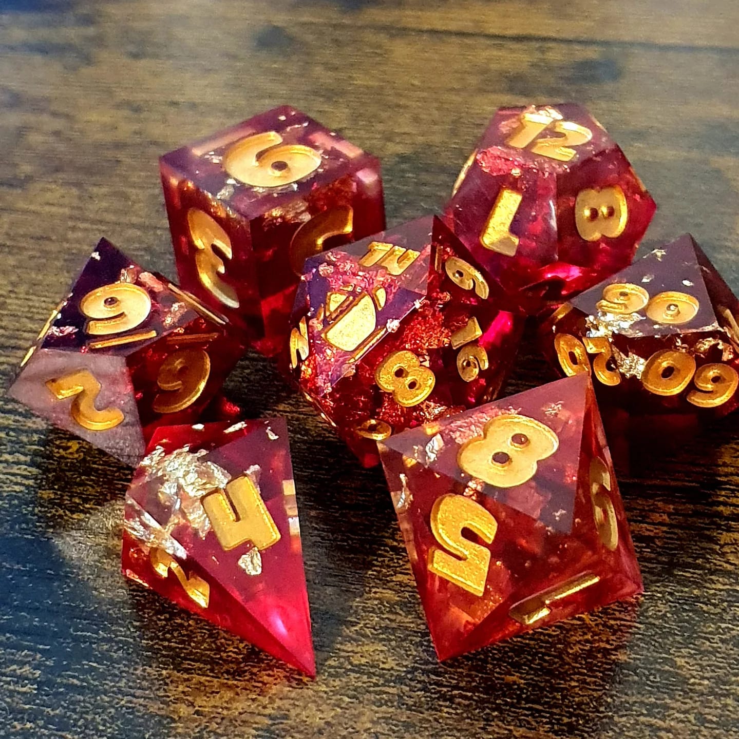 Blood Riches - Handmade Oversized 25mm Red and Gold D&D Dice Set